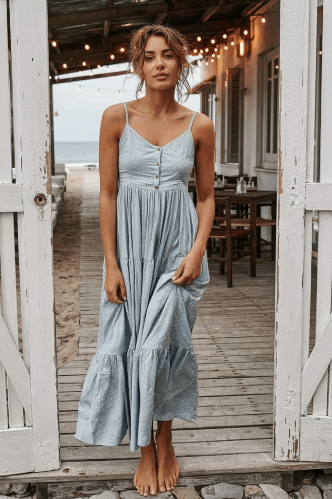 A woman in a soft pastel blue cotton sundress with thin straps and a skirt