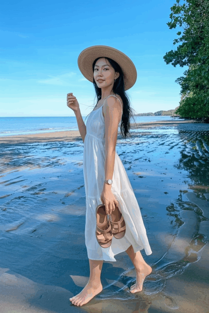 woman in a white sundress and wide-brim straw hat, holding her sandals