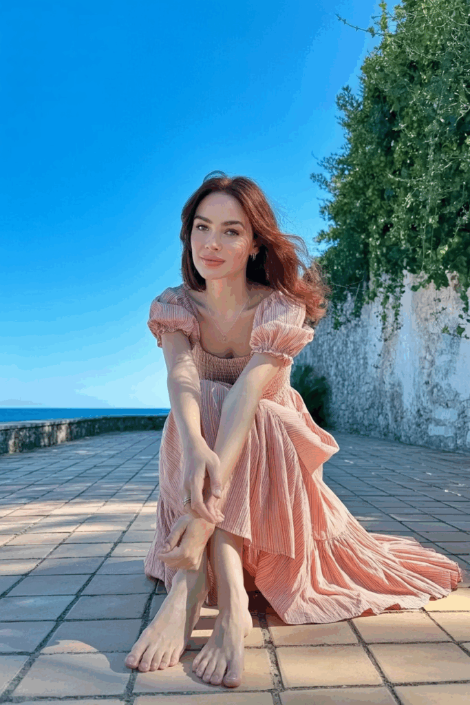 woman in a coral sundress with puff sleeves and a tiered skirt at calf length