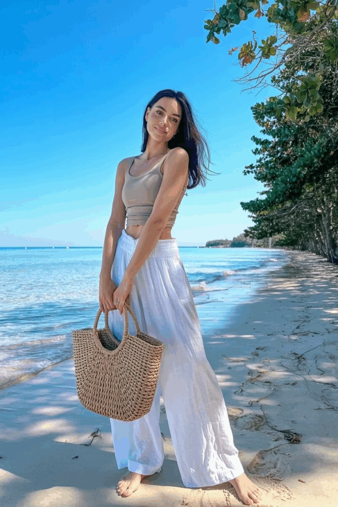 wearing white wide-leg linen pants paired with a tucked-in beige tank top, barefoot on a sandy beach, carrying a straw tote bag.