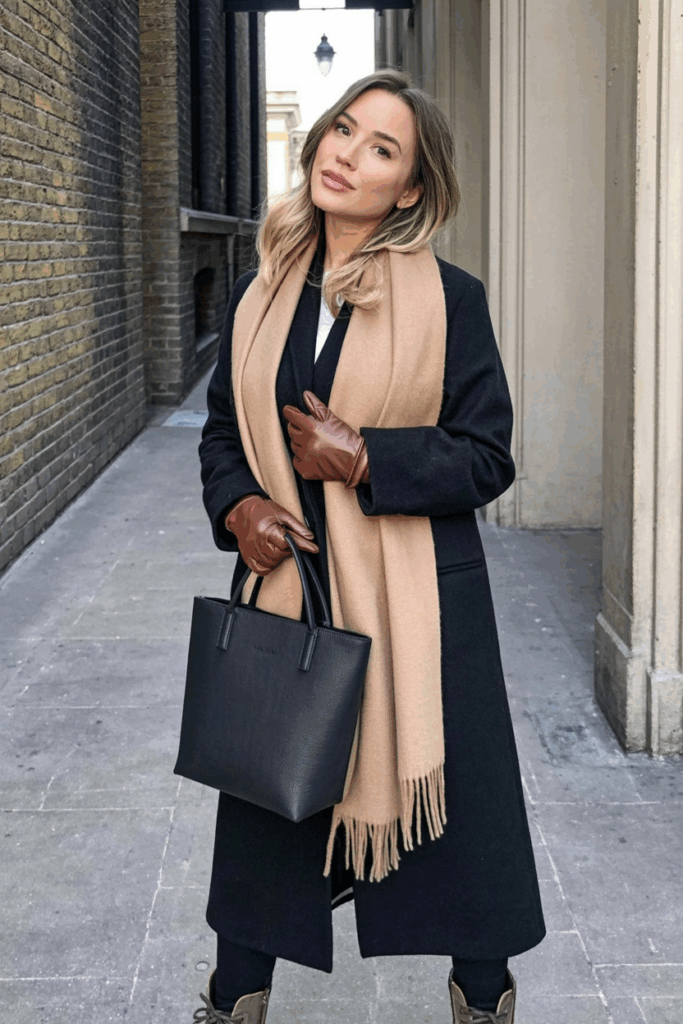 charcoal wool coat with a soft camel cashmere scarf draped loosely at the neck. She pairs it with espresso leather gloves and carries a structured black mini tote.