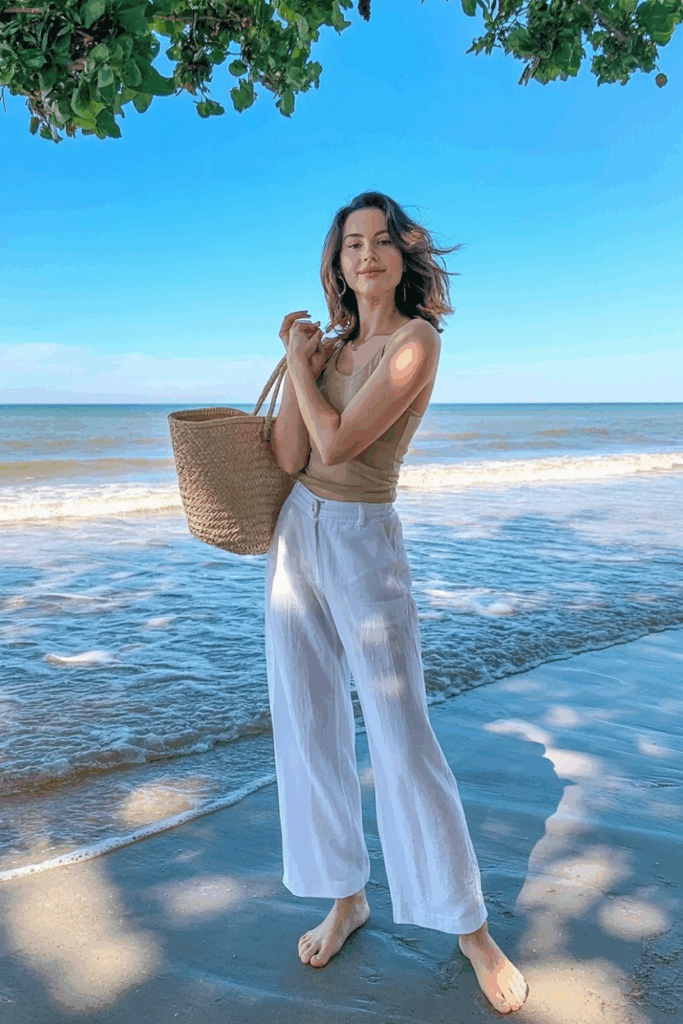 wearing white wide-leg linen pants paired with a tucked-in beige tank top, barefoot on a sandy beach, carrying a straw tote bag.