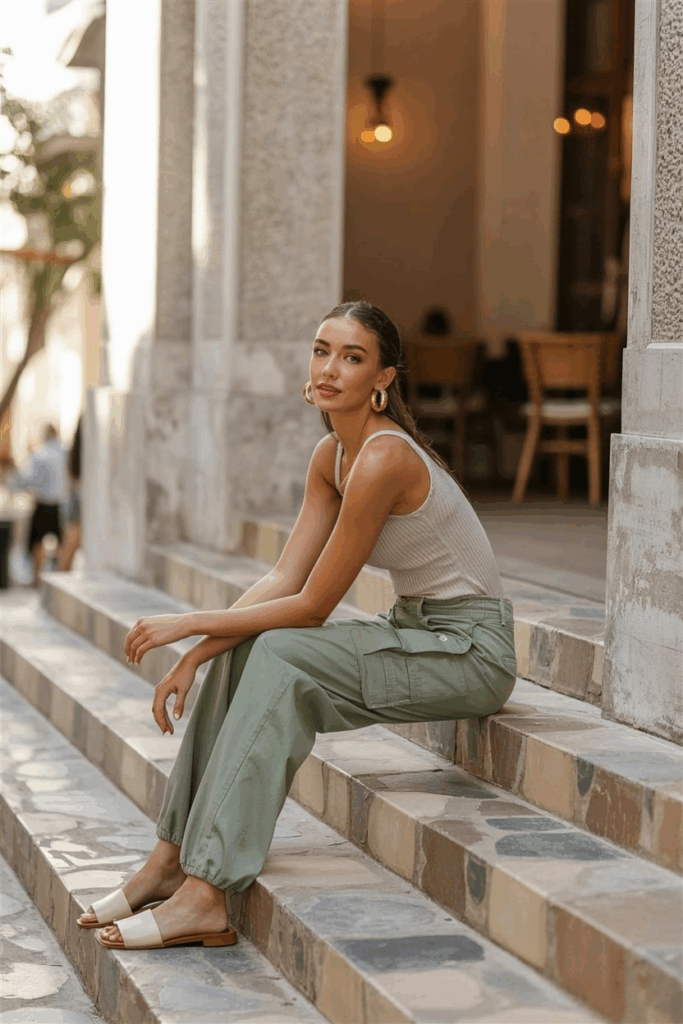 sage green cargo pants with a ribbed white tank, gold hoop earrings, and leather slide sandals