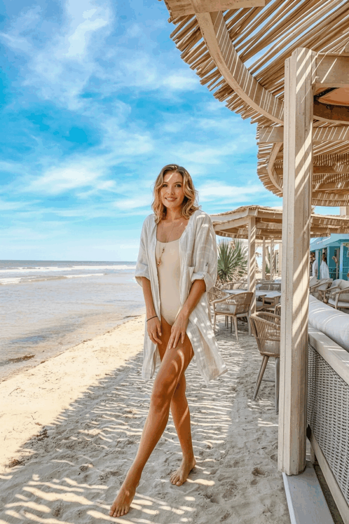 woman wearing a loose, knee-length white linen cover-up with rolled sleeves, paired with a simple beige swimsuit underneath