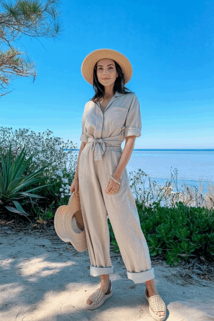 An Asian woman in a relaxed-fit beige linen jumpsuit with rolled cuffs and a tie waist, wearing woven espadrilles and a wide-brim straw hat