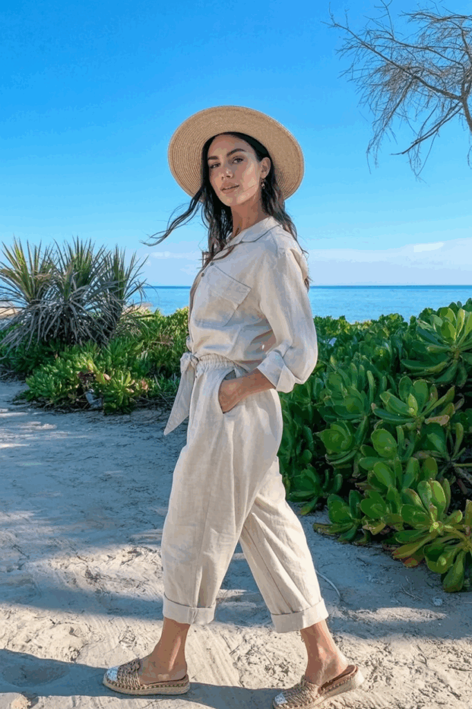 An Asian woman in a relaxed-fit beige linen jumpsuit with rolled cuffs and a tie waist, wearing woven espadrilles and a wide-brim straw hat