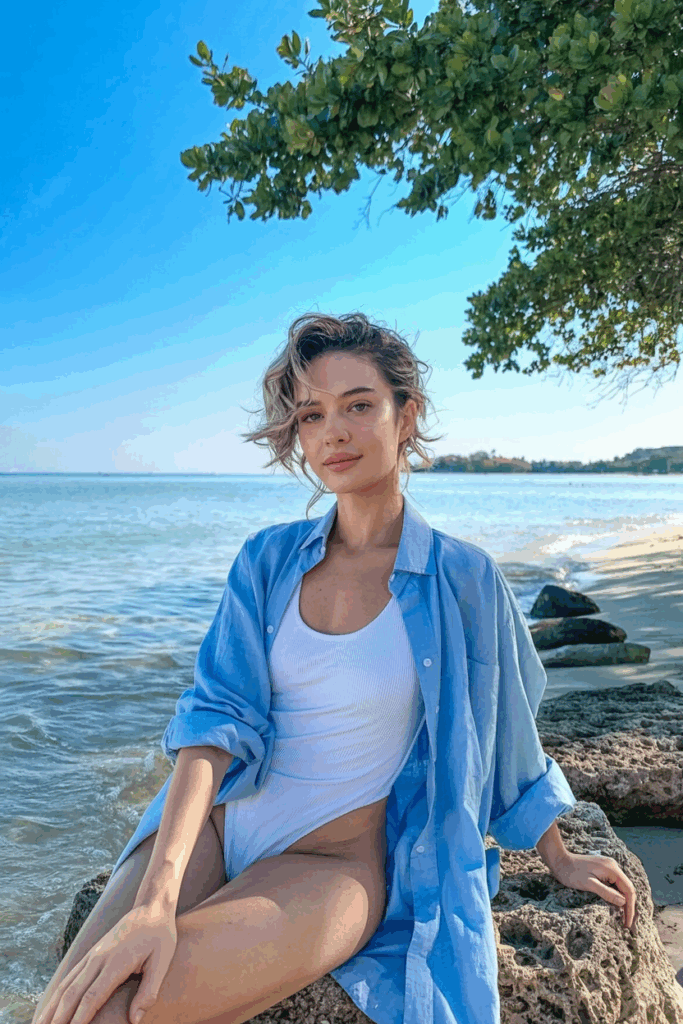 in an oversized light blue button-down shirt, unbuttoned over a white one-piece swimsuit, sleeves casually rolled, sitting on beach rocks
