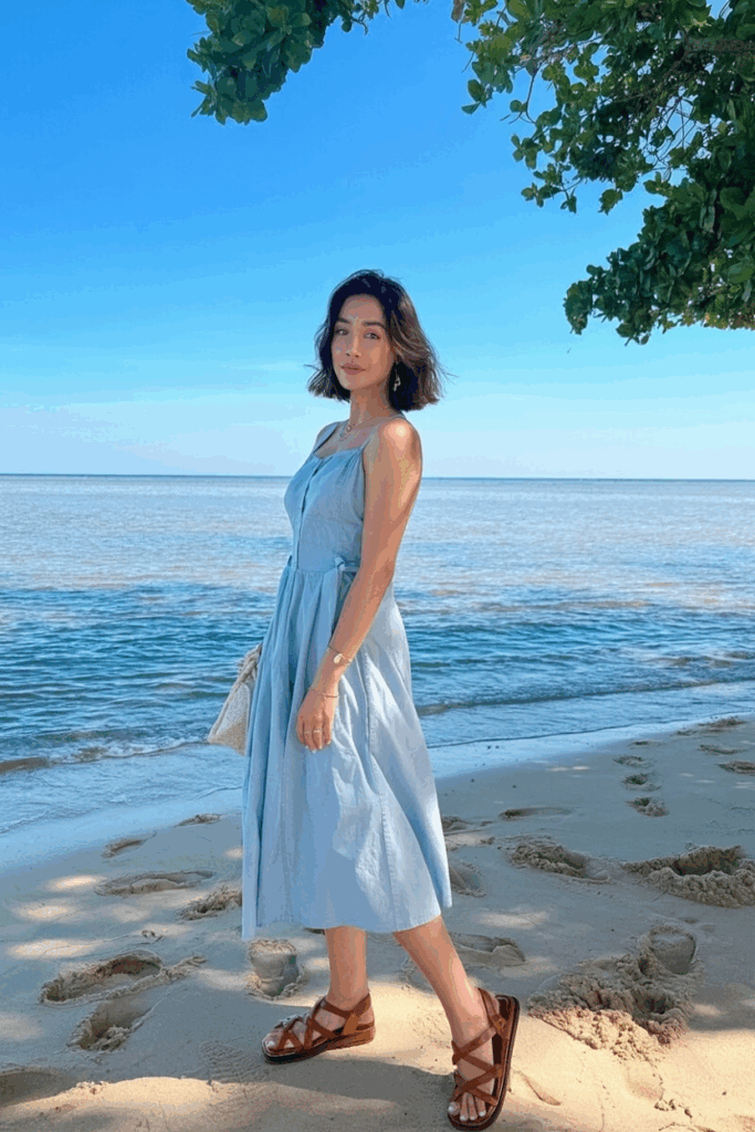 light cotton midi dress with brown leather crisscross sandals