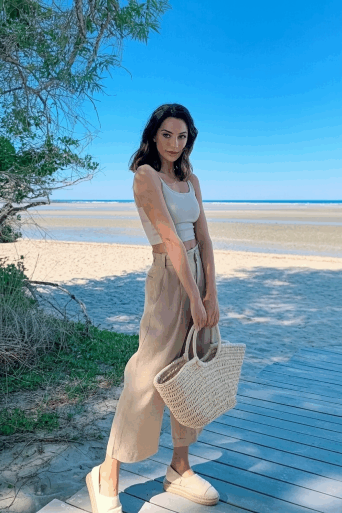 woman wearing cropped beige wide-leg pants, a tucked-in tank, and cream-colored espadrilles, carrying a straw tote