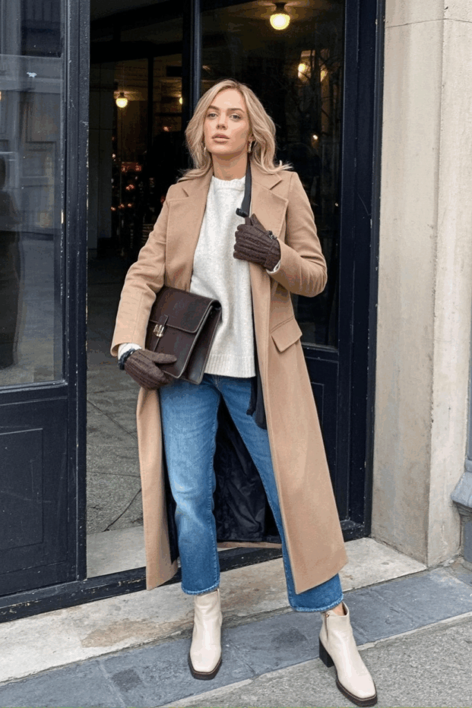woman wearing a long camel wool coat over a winter white sweater, straight-leg jeans, and cream ankle boots. She adds a dark brown leather satchel and wool gloves