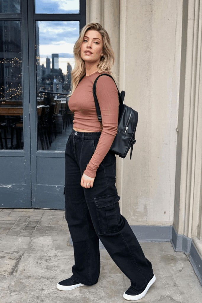 A woman wearing soft black cargo pants, a long-sleeve ribbed rust-colored crewneck, and black slip-on sneakers