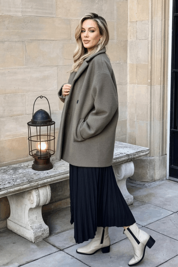 A woman wearing an oversized alpaca-blend coat in muted olive over a pleated skirt and cream ankle boots,