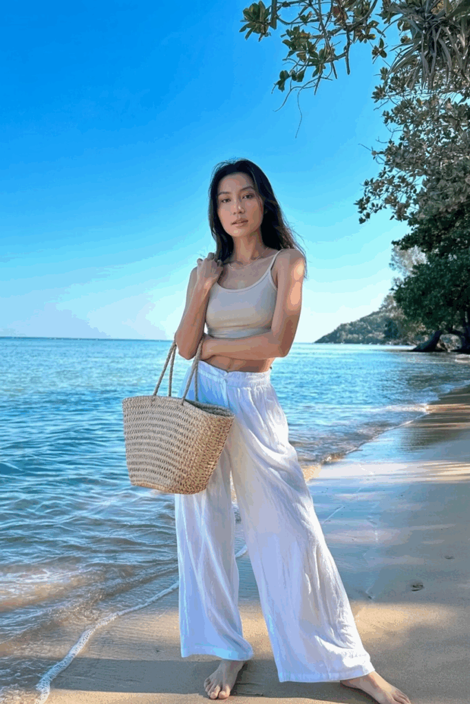 wearing white wide-leg linen pants paired with a tucked-in beige tank top, barefoot on a sandy beach, carrying a straw tote bag.
