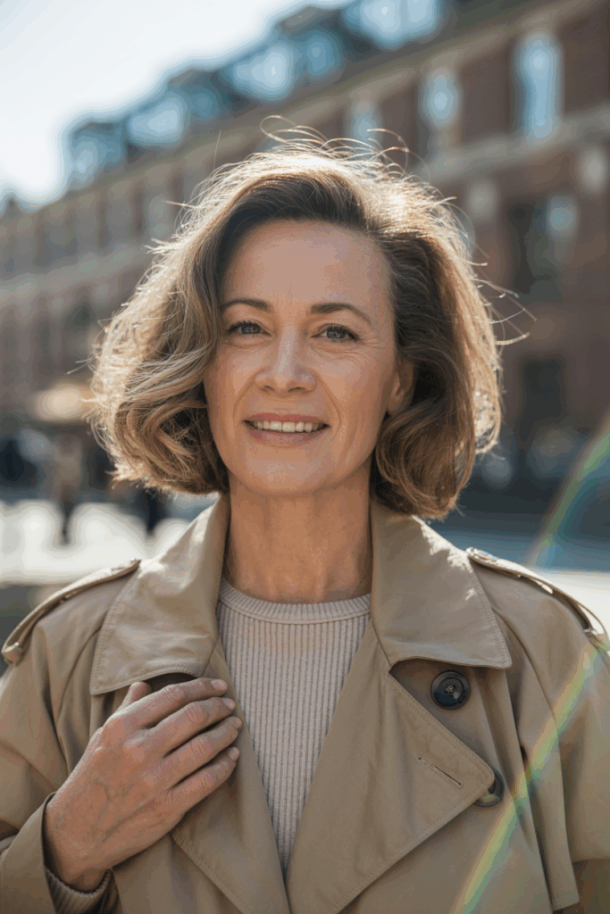 A woman with blow-dried, softly voluminous medium-length hair