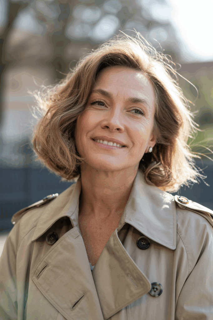 A woman with blow-dried, softly voluminous medium-length hair