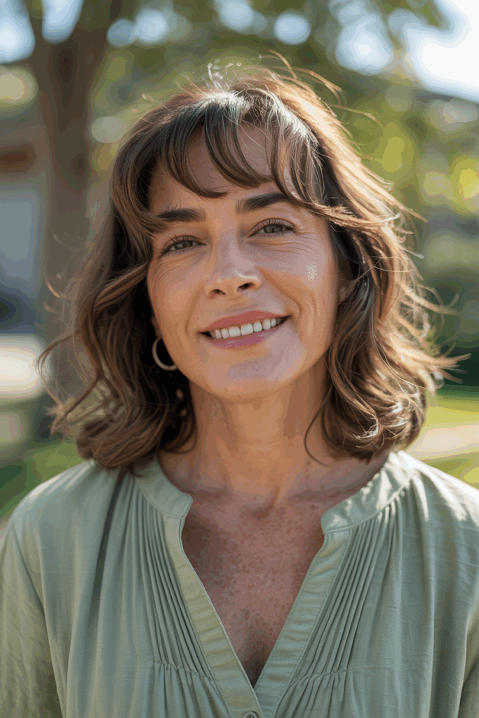 A woman with curtain bangs framing her face, medium waves