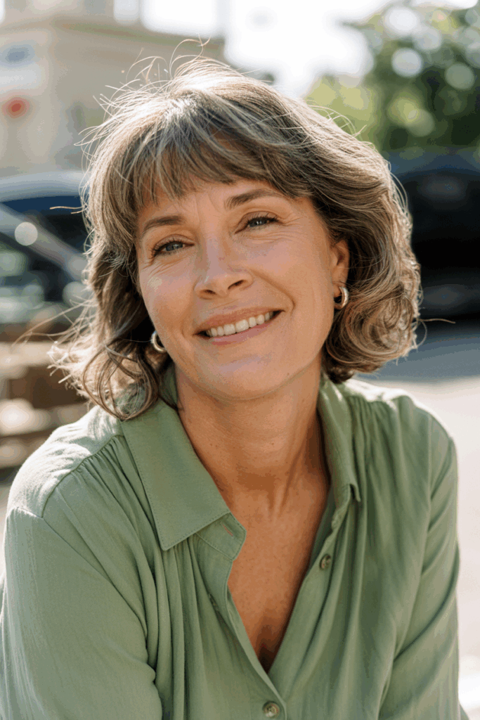 A woman with curtain bangs framing her face, medium waves,
