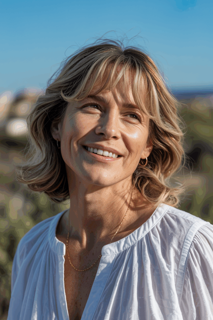 A woman with curtain bangs framing her face, medium waves
