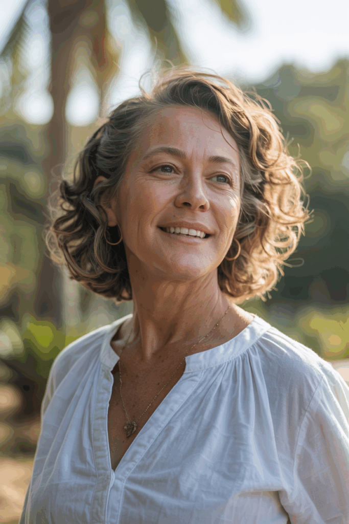 A woman with medium-length natural curls, softly shaped layers