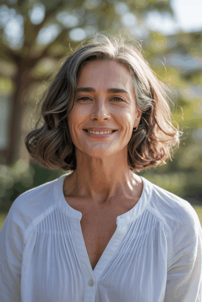 A woman with medium-length natural gray hair, soft waves