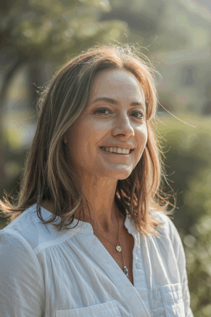 A woman with medium-length straight hair, subtle layers