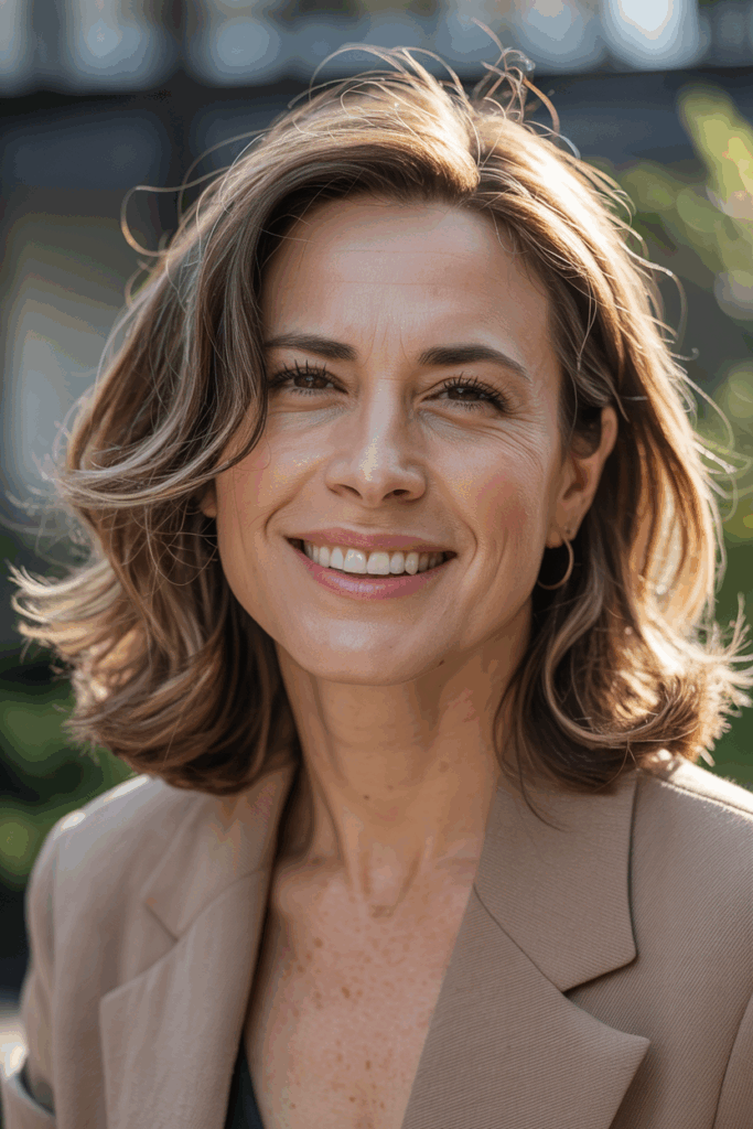 A woman with medium-length hair with feathered ends, soft volume