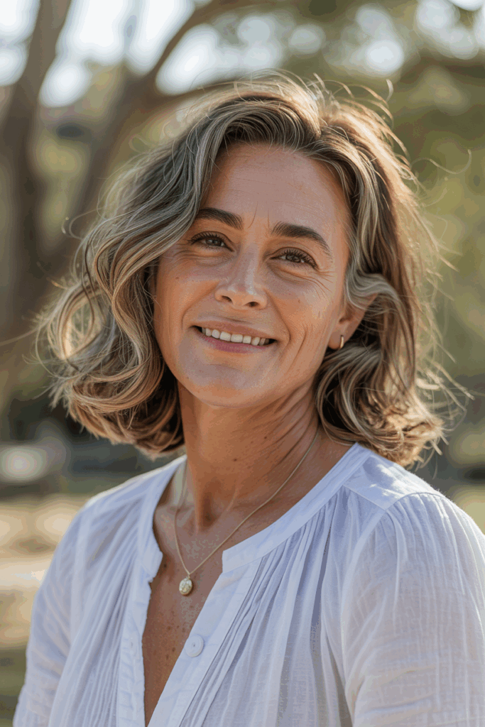 A woman with medium-length naturally wavy hair, relaxed layers