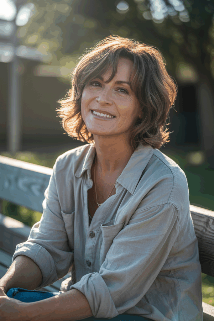 A woman with medium-length soft shag haircut, tousled layers