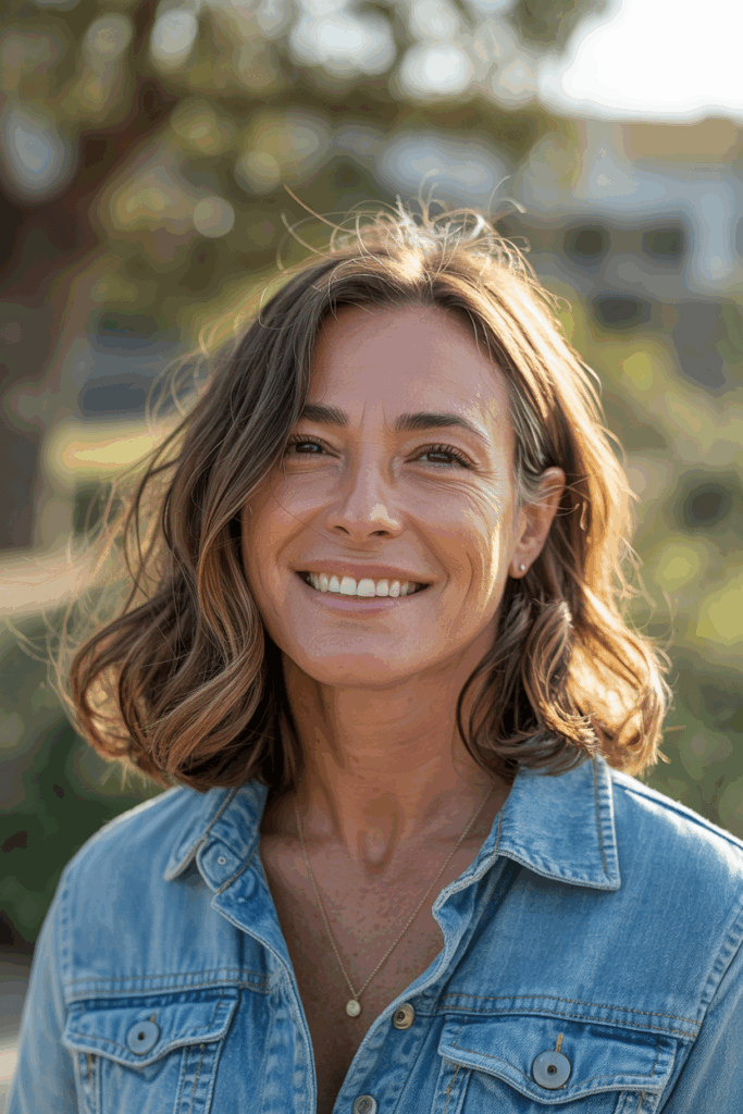 A woman with medium-length hair with slight bends and natural texture