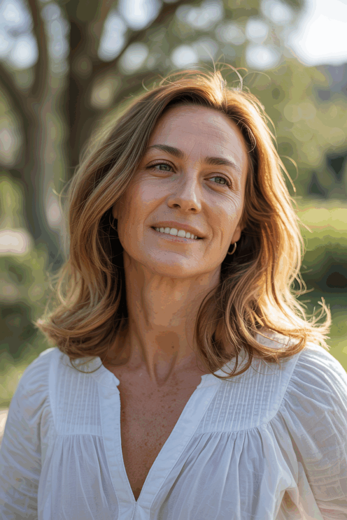 A woman with medium-length honey-toned hair, loose waves