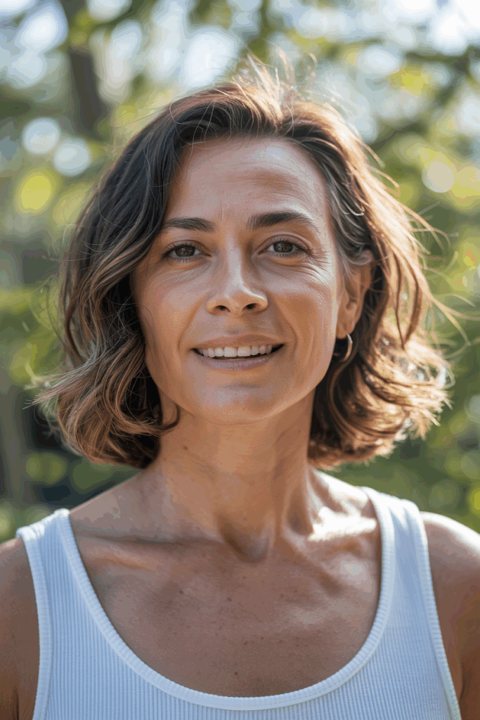 A woman with medium-length hair with slight bends and natural texture
