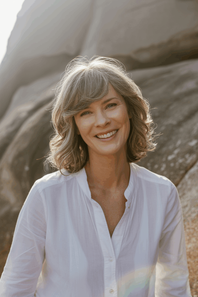 A woman with medium-length naturally wavy hair, relaxed layers