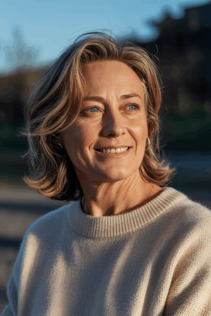 A woman with medium-length hair with soft face-framing layer