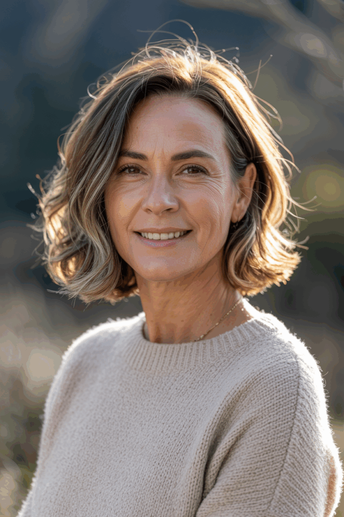 A woman with medium-length hair with soft face-framing layer