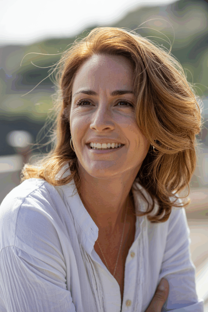 A woman with medium-length honey-toned hair, loose waves
