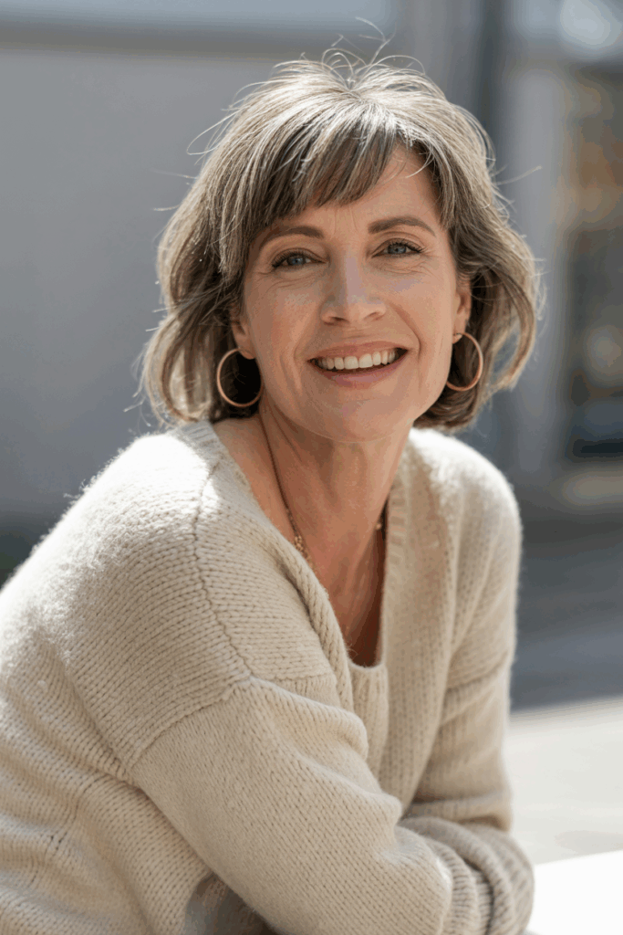 A woman with medium-length hair and soft side-swept bangs