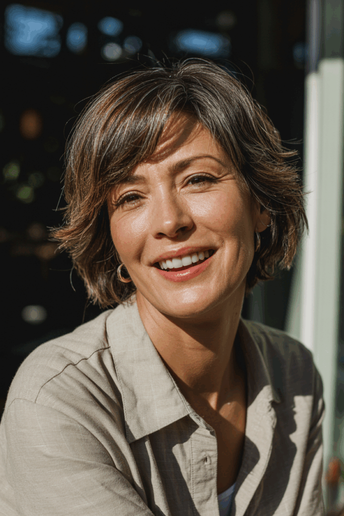 A woman with medium-length soft shag haircut, tousled layers