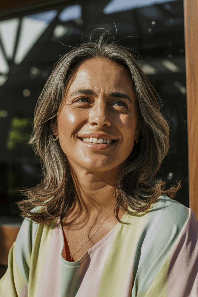 A woman with medium-length hair, long blended layers, subtle waves,