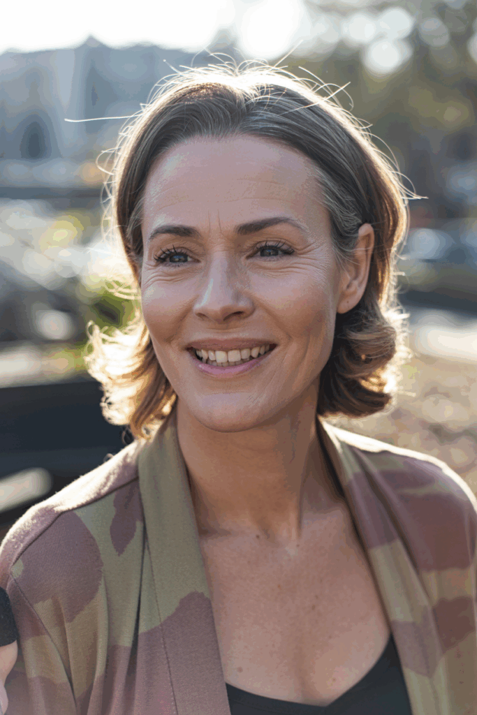 A woman with medium-length hair parted in the center, soft waves
