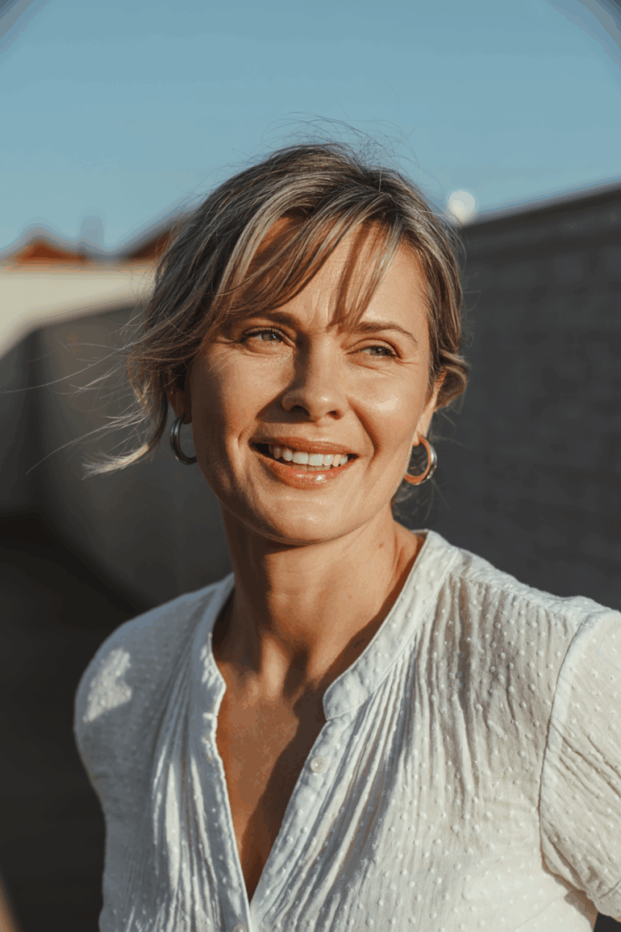 A woman with medium-length hair and soft side-swept bangs