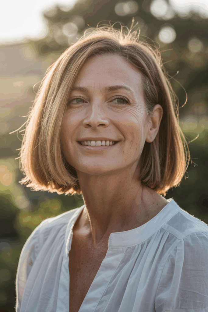 A woman with straight, shoulder-length bob, soft side part, wearing a simple white blouse