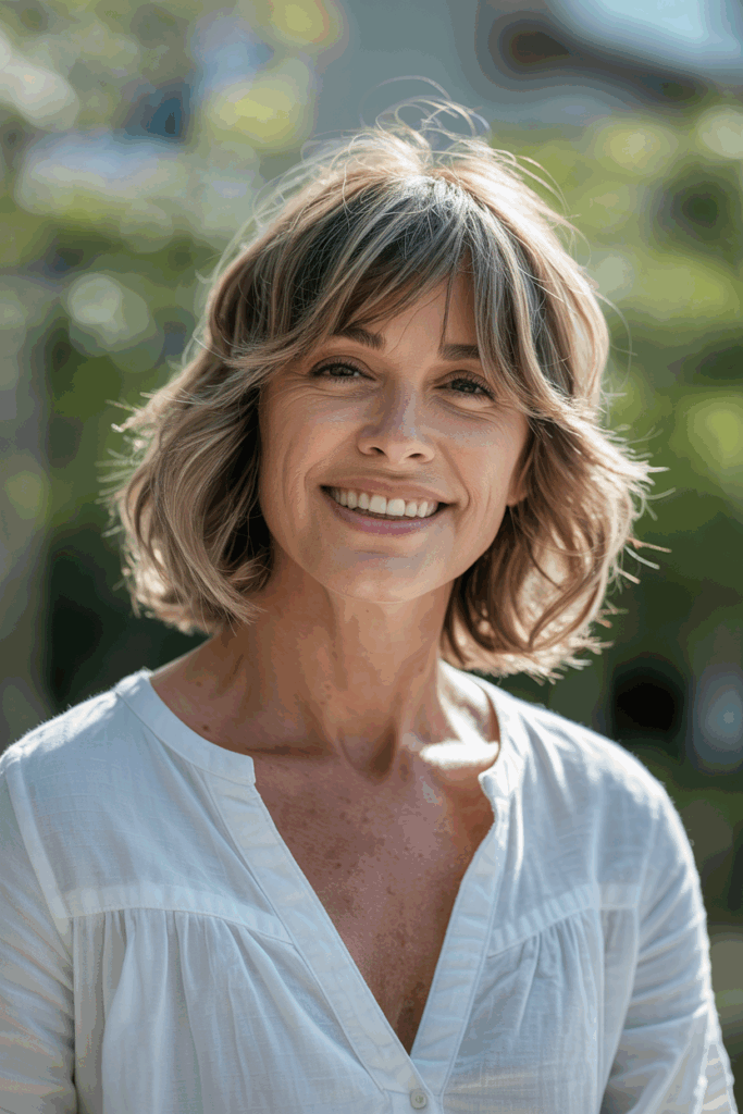 A woman with wispy, feathered bangs and layered medium-length hair