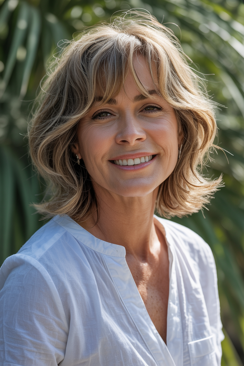 A woman with wispy, feathered bangs and layered medium-length hair