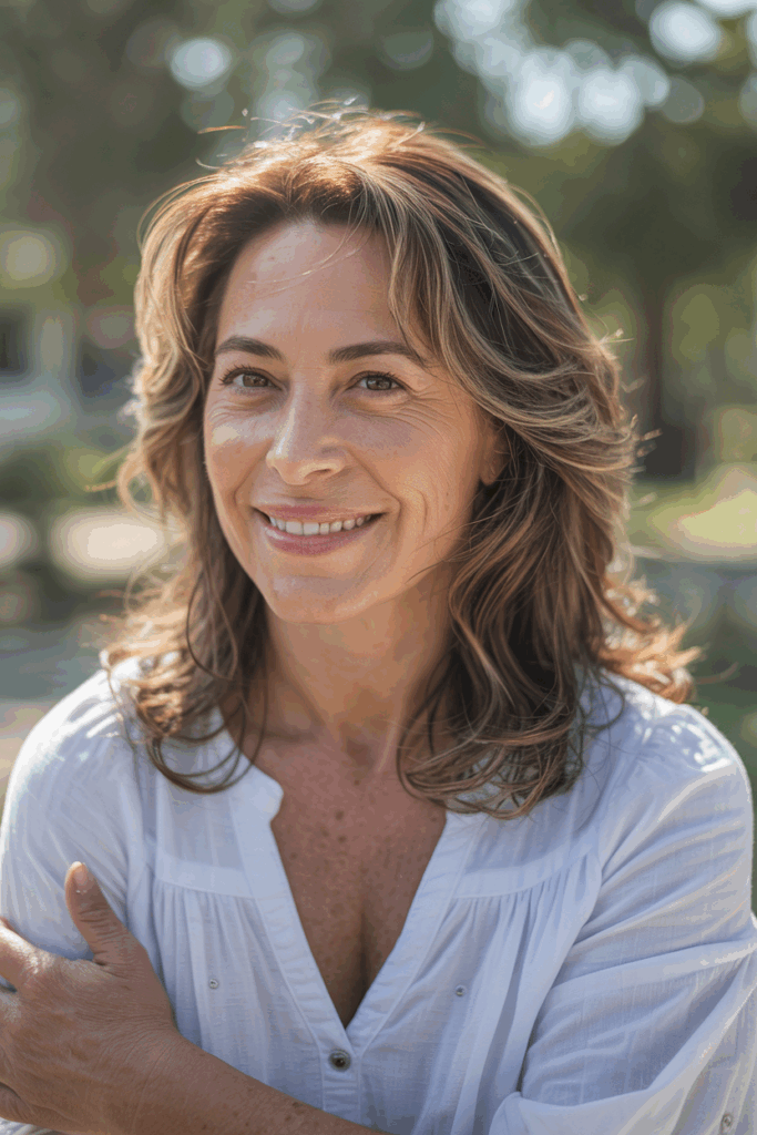 woman with medium-length hair with subtle face-framing layers, loose waves, wearing a white cotton blouse