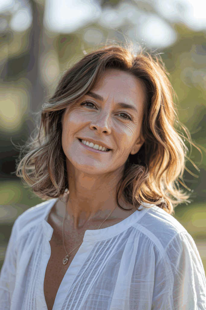 woman with medium-length hair with subtle face-framing layers, loose waves