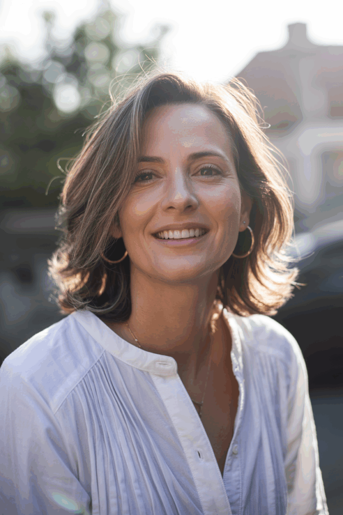 Softly layered medium-length hair with face-framing layers
