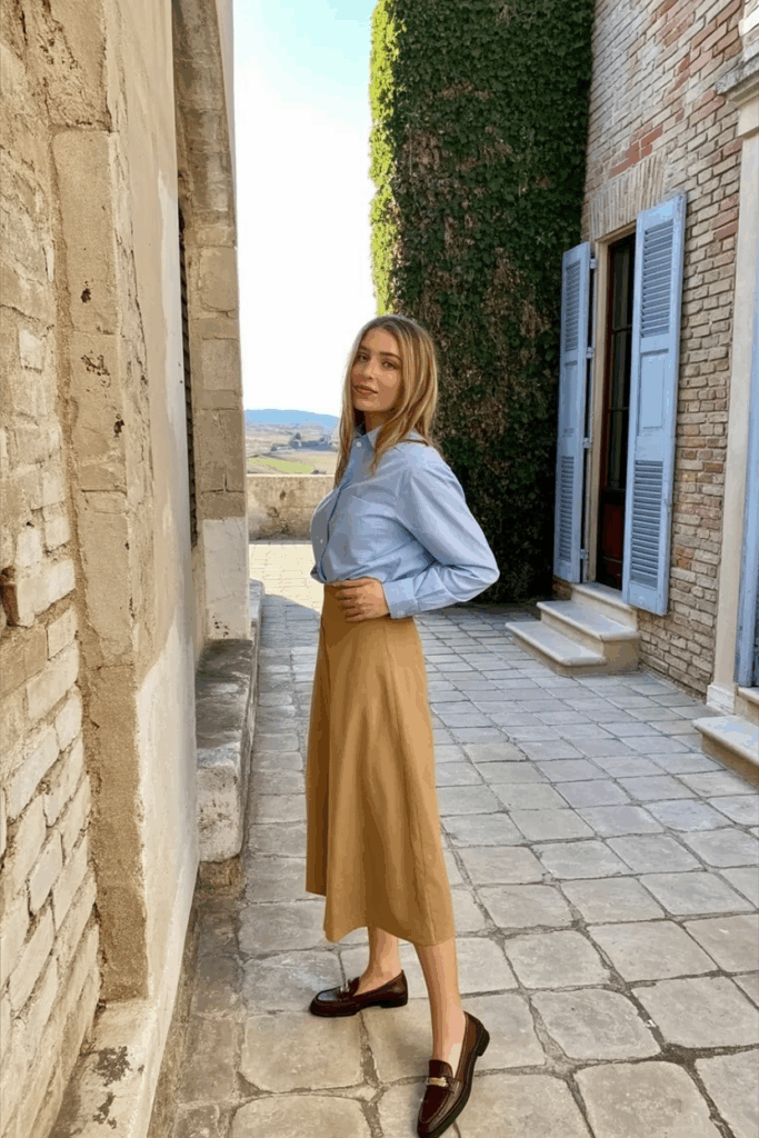 a light blue oxford shirt tucked into a tan midi skirt with chocolate loafers