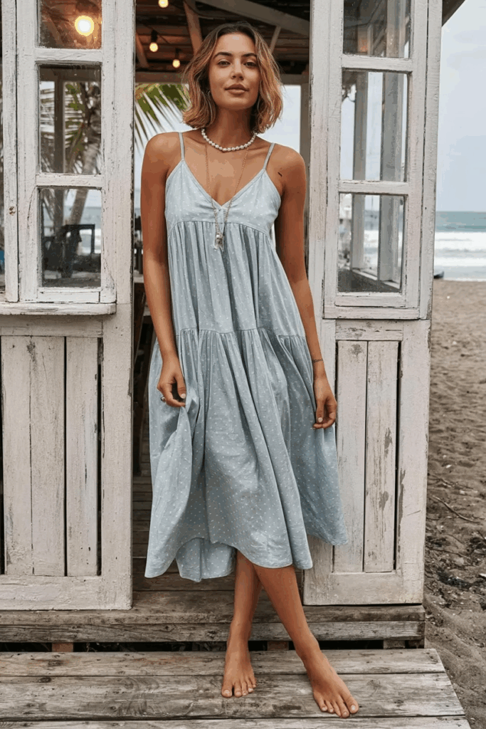 A woman in a soft pastel blue cotton sundress with thin straps and a skirt