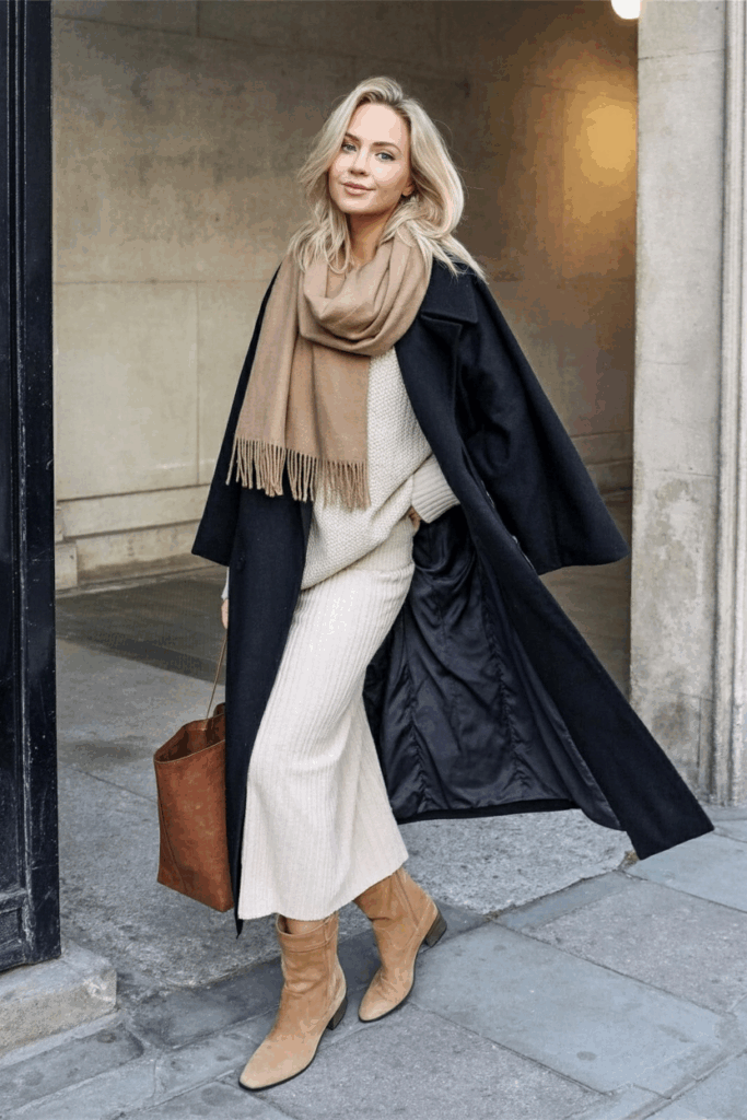 wears a dusty cocoon coat over a cream knit sweater and matching midi skirt. Biscuit suede knee boots and a brown tote add depth. A fringed oatmeal scarf wraps at her neck.