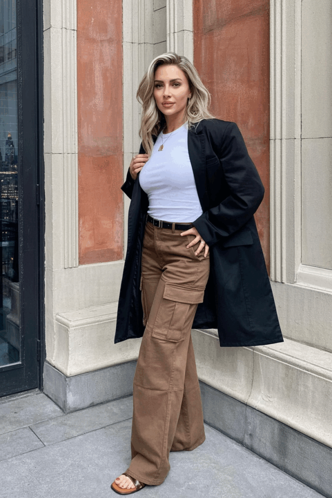 Rust cargo pants, a white fitted tee, and brown leather sandals
